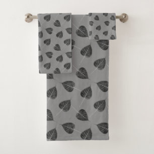 Stylish Bodhi Leaves on Grey Bath Towel Set