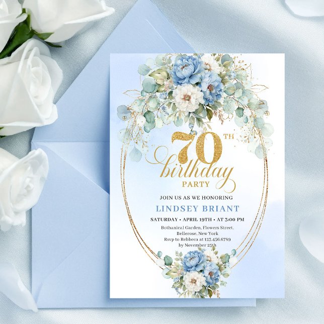 Stylish Bohemian Blue Floral Eucalyptus 70th Bday Invitation (Stylish Bohemian Blue Floral Eucalyptus 70th Birthday)