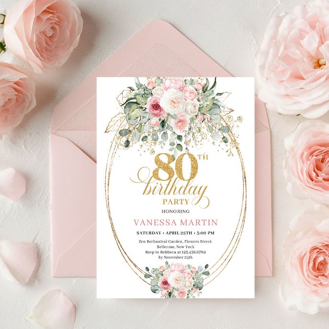 Stylish Bohemian Blush Floral Minimal 80 Birthday Invitation (Stylish Bohemian Blush Floral Minimal 80th Birthday)