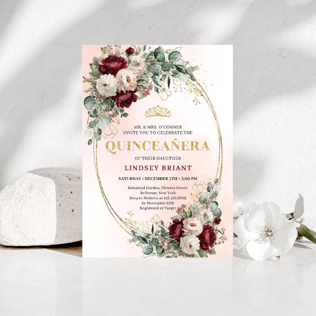 Stylish Bohemian Maroon Flowers Gold 15th Birthday Invitation (Stylish Bohemian Maroon Flowers 15th Birthday Invite)