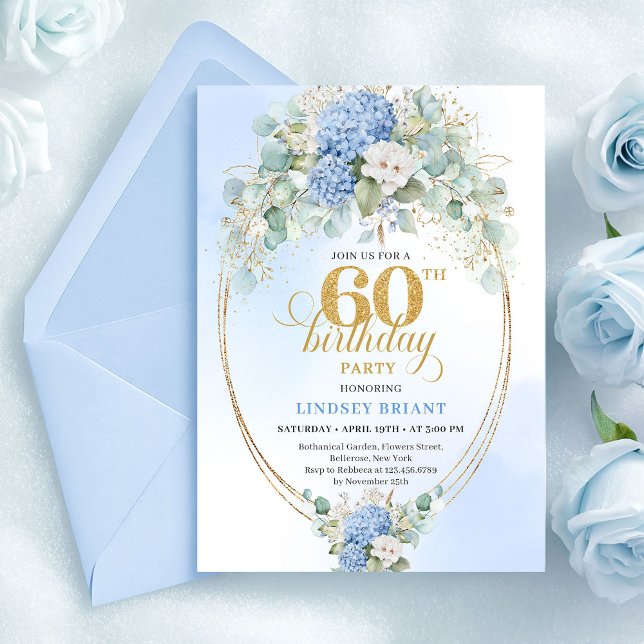 Stylish Bohemian Pastel Blue Flowers 60th Birthday Invitation (Stylish Bohemian Pastel Blue Flowers 60th Birthday)