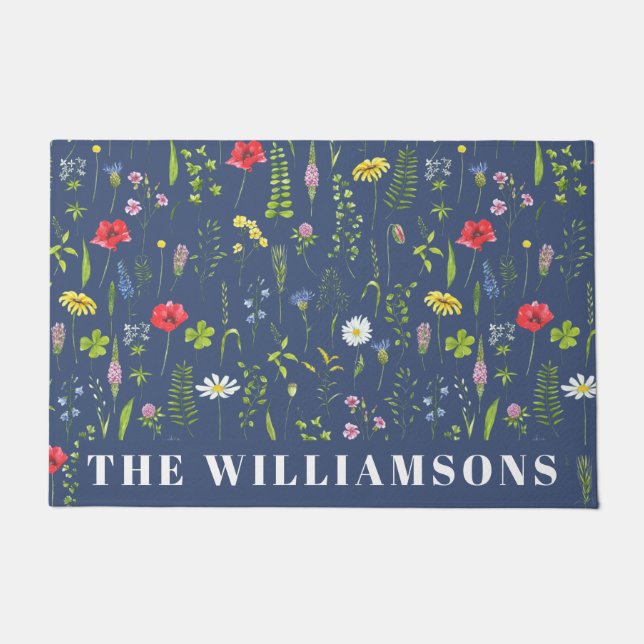 Stylish Boho Blue Wildflowers Floral Personalised Doormat (Front)