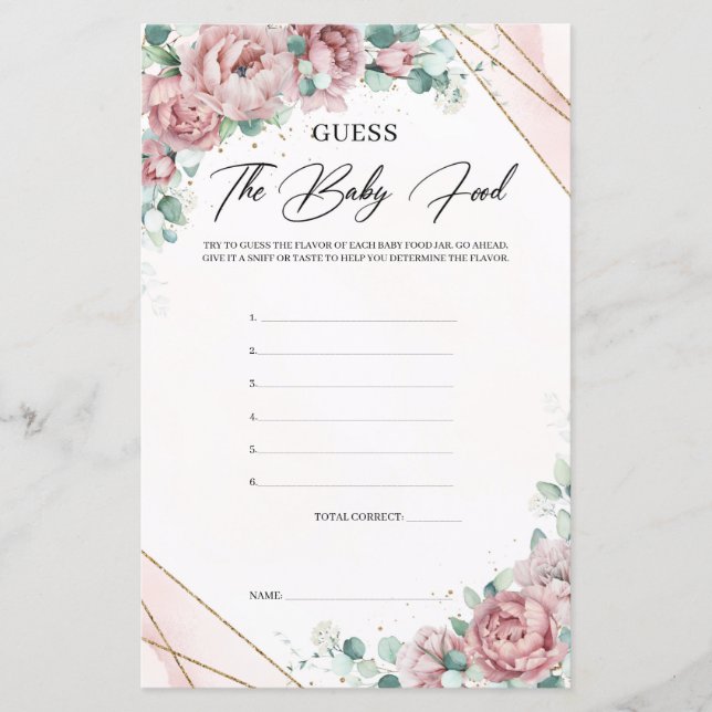 Stylish boho blush floral gold Guess The Baby Food (Front)