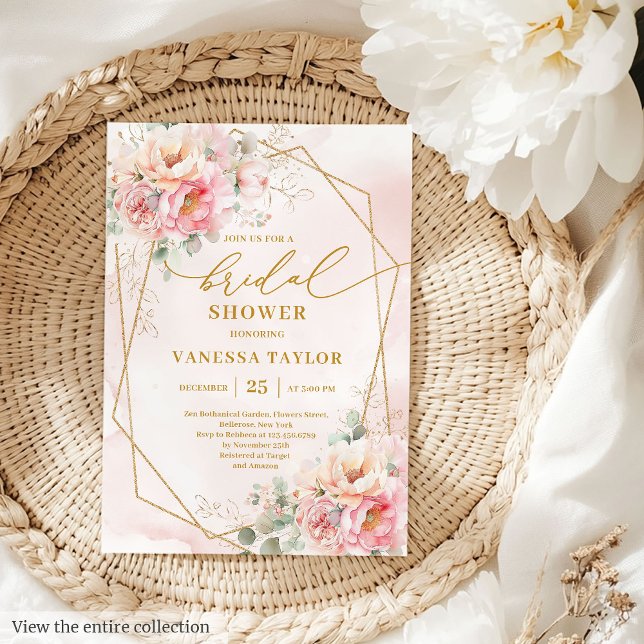Stylish Boho Blush Pink Roses Gold Bridal Shower  Invitation (Stylish Boho Blush Pink Roses Gold Bridal Shower Card)