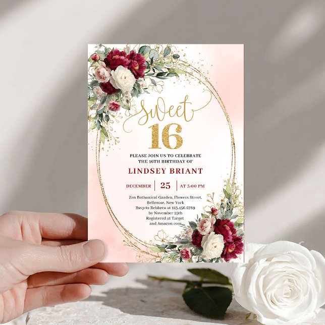 Stylish Boho Burgundy Blush Gold Floral Sweet 16th Invitation (Stylish Boho Burgundy Blush Gold Floral Sweet Sixteen)