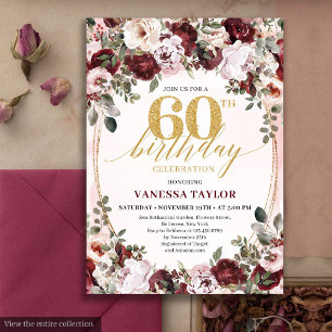 Stylish Boho Burgundy Floral 60th Birthday Invite