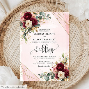 Stylish Boho Deep Red Blush Gold Flowers Elegant Invitation