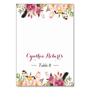 Stylish Boho Floral Feather Wedding Place Card