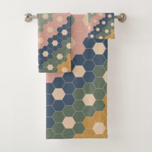 Stylish Boho Geometric Pattern Blue Green Blush Bath Towel Set