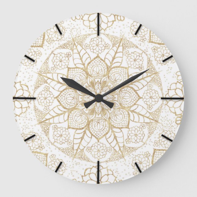 Stylish boho hand drawn golden mandala large clock (Front)