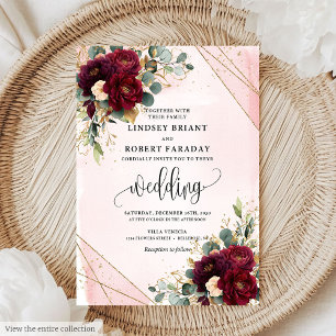 Stylish Boho Marsala Gold Blush Flowers Wedding Invitation