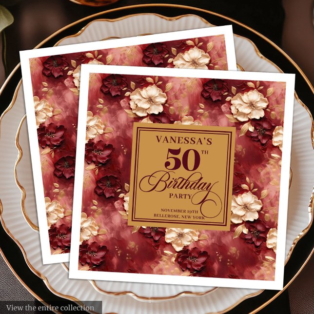 Stylish Boho Merlot Blush Gold 50th Birthday  Napkin (Stylish Boho Merlot Blush Gold 50th Birthday Paper Dinner Napkins)