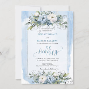 Stylish Boho Pastel Blue Silver Peonies Wedding  Invitation