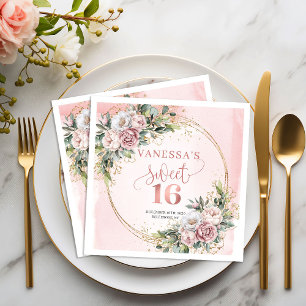 Stylish Boho Rose Gold Floral Sweet 16 Napkins