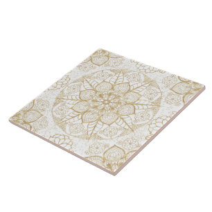 Stylish Boho White Gold Mandala Floral Ceramic Tile