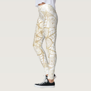 Stylish Boho White Gold Mandala Floral Leggings