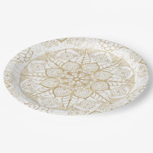 Stylish Boho White Gold Mandala Floral Paper Plate