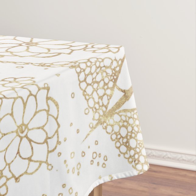 Stylish Boho White Gold Mandala Floral Tablecloth (In Situ)