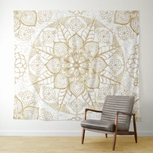 Stylish Boho White Gold Mandala Floral Tapestry