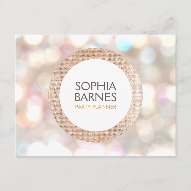 Stylish Bokeh and Rose Gold Sequin Event Planner Postcard (Front)