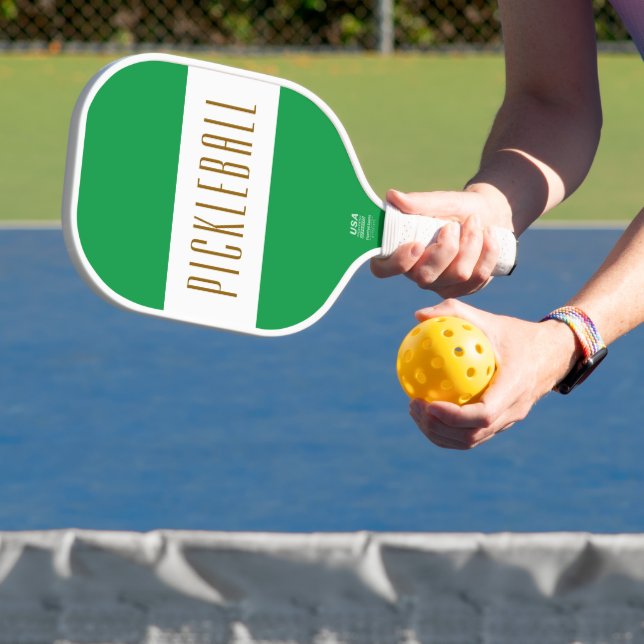 Stylish Bold Green White PICKLEBALL Stripes Text Paddle (Insitu)