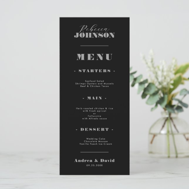 Stylish Bold Script Typography Guest Name Wedding Menu (Standing Front)