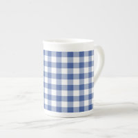 Stylish Bone China Mug, Dark Blue Check Gingham