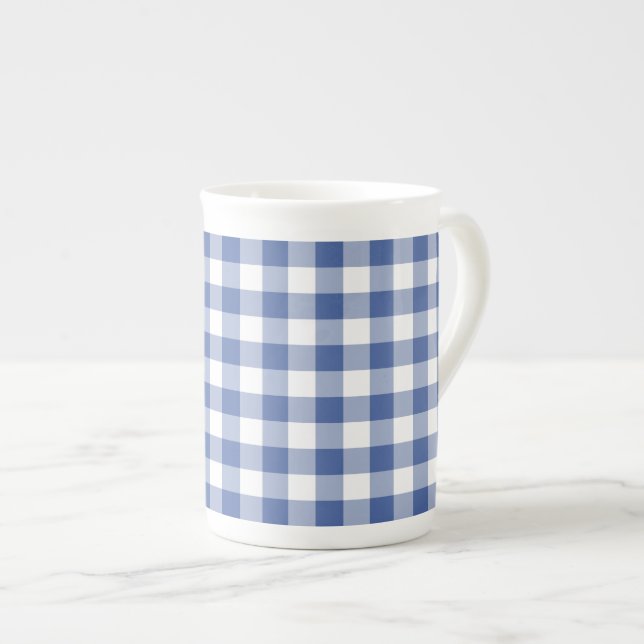 Stylish Bone China Mug, Dark Blue Check Gingham Bone China Mug (Front Right)