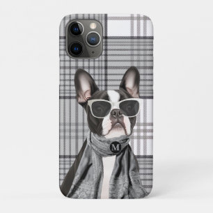 Stylish Boston Terrier Dog and Plaid Monogram iPhone 11 Pro Case