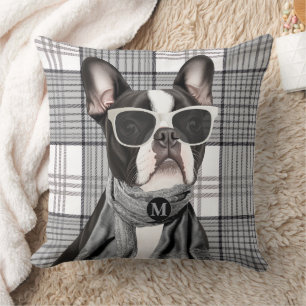 Stylish Boston Terrier Dog and Plaid Monogram Cushion