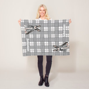 Stylish Boston Terrier Dog and Plaid Monogram Fleece Blanket