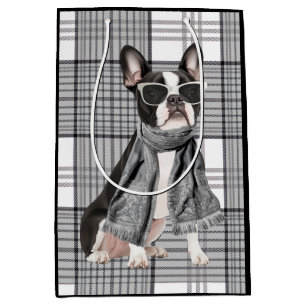 Stylish Boston Terrier Dog and Plaid Monogram Medium Gift Bag