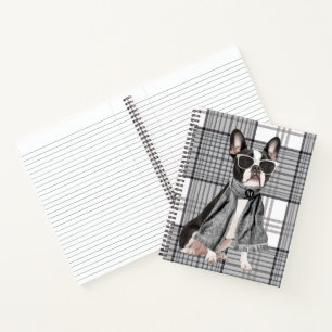 Stylish Boston Terrier Dog and Plaid Monogram Notebook