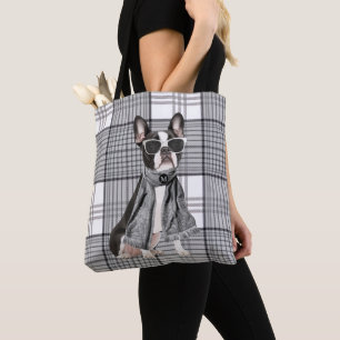 Stylish Boston Terrier Dog and Plaid Monogram Tote Bag