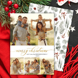 Stylish Botanical 4 Photo Collage Christmas  Holiday Card