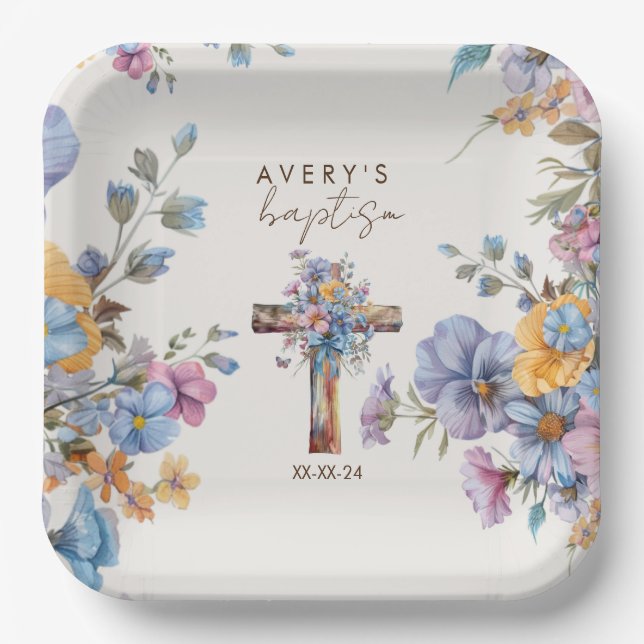 Stylish Botanical Baptism cross elegant  Paper Plate (Front)