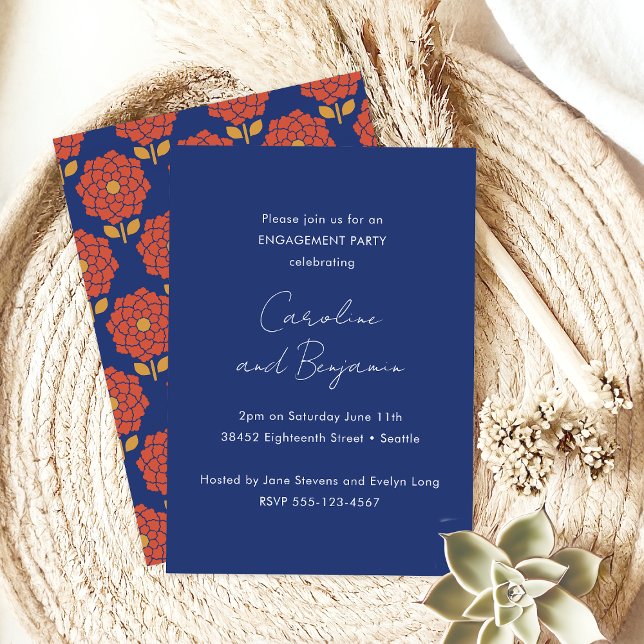 Stylish Botanical Blue Red Floral Engagement Party Invitation (Creator Uploaded)