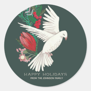 Stylish Botanical Green & Red Dove Christmas Classic Round Sticker