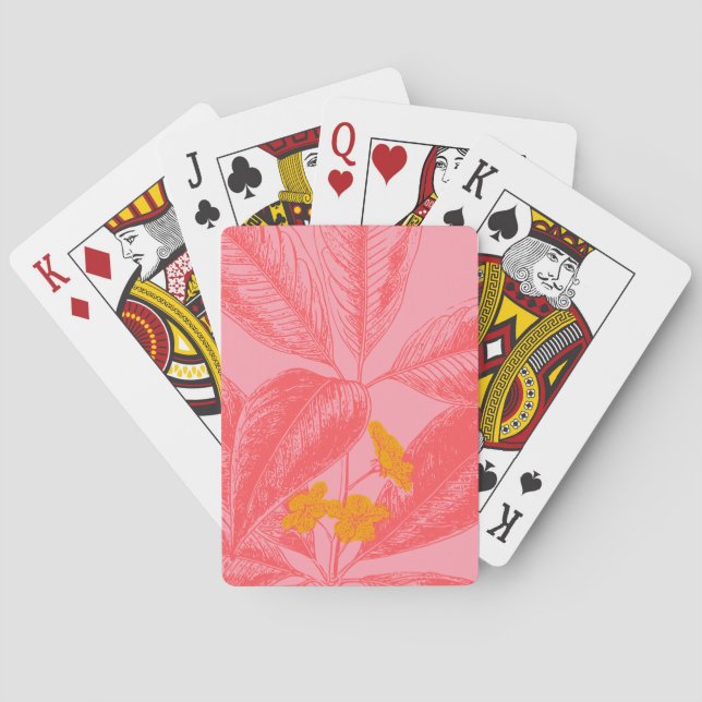 Stylish Botanical Leaf Nature Art in Pink and Red Playing Cards (Back)