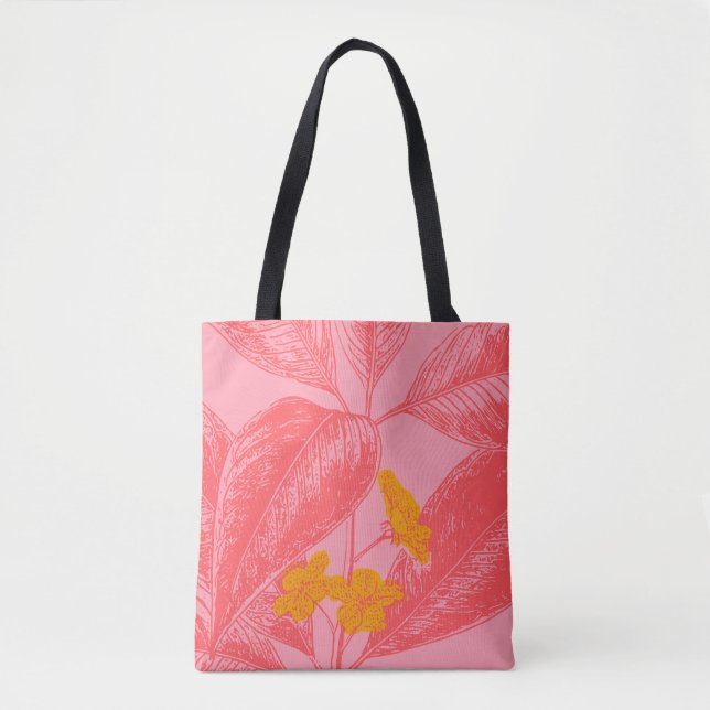 Stylish Botanical Leaf Nature Art in Pink and Red Tote Bag (Front)