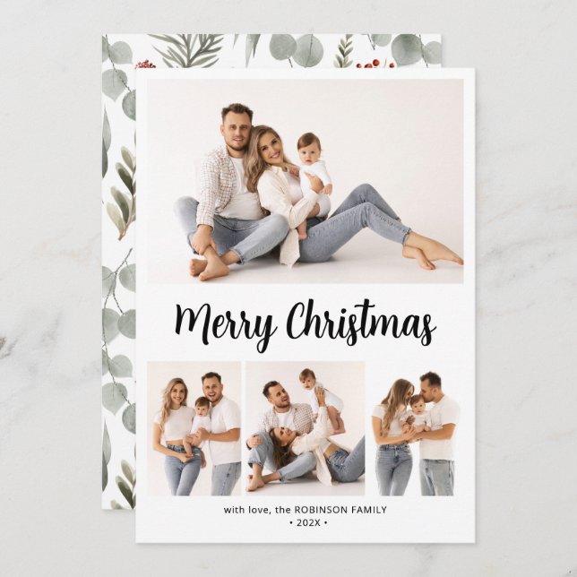 Stylish Botanical Script 4 Multi Photo Christmas  Holiday Card (Front/Back)