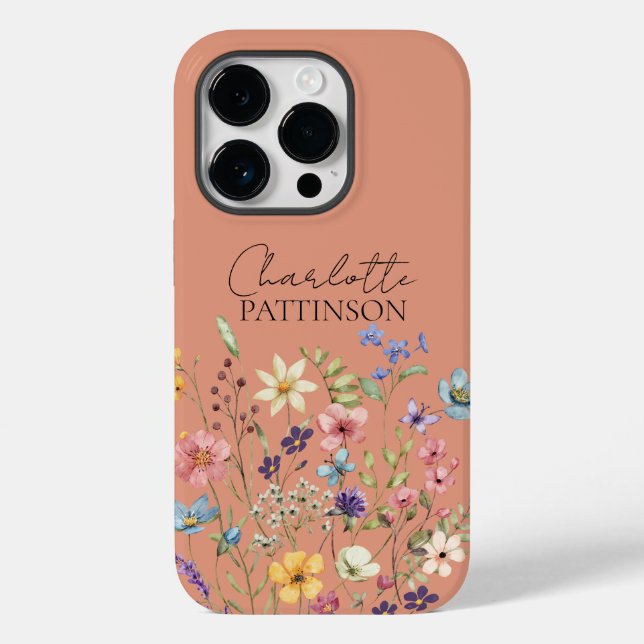 Stylish Botanical Wildflower  Monogram Peach Case-Mate iPhone Case (Back)