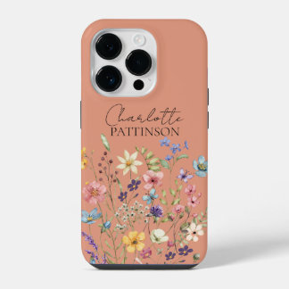 Stylish Botanical Wildflower  Monogram Peach iPhone 14 Pro Case