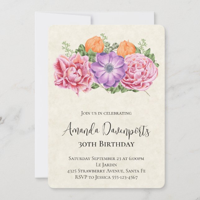 Stylish Bouquet of Watercolor Flowers Birthday Invitation (Front)