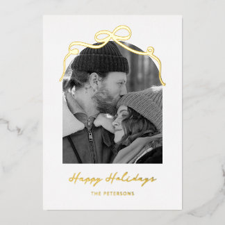 Stylish Bow Arch Couple Christmas Photo Gold Foil Holiday Card