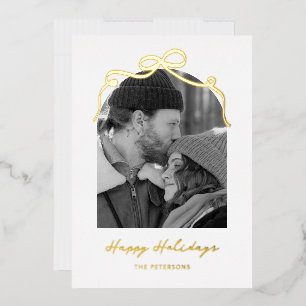 Stylish Bow Arch Couple Christmas Photo Gold Foil Holiday Card