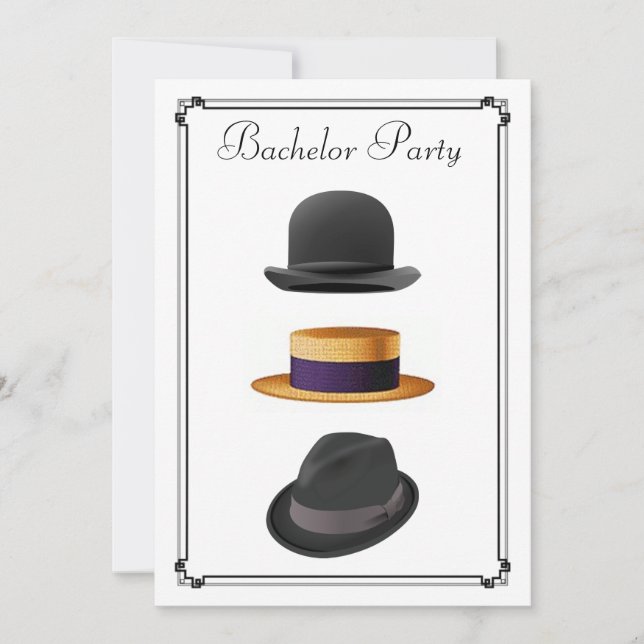 Stylish Bowler Straw Fedora Hat Bachelor Party Invitation (Front)