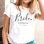 Stylish Bride Wedding T-Shirt<br><div class="desc">The perfect gift for any bride,  the fun and modern design features a stylish typography script "Bride" with cute little red love heart full stops. The design is easy to personalise with your name and established wedding date and will be the perfect keepsake from your special day.</div>