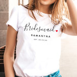Stylish Bridesmaid Wedding T-Shirt<br><div class="desc">The perfect gift for any bridesmaid,  the fun and modern design features a stylish typography script "Bridesmaid" with cute little red love heart full stops. The design is easy to personalise with a name and established wedding date and will be the perfect keepsake from your special day.</div>