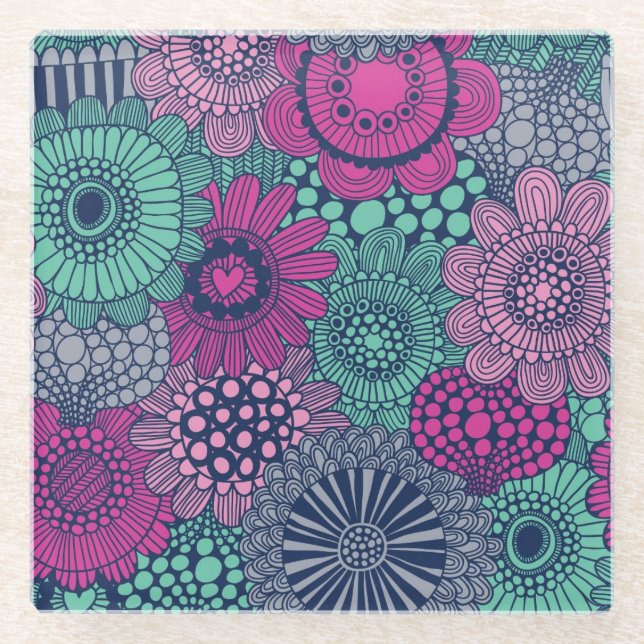 Stylish bright pattern of gorgeous flowers glass coaster (Front)